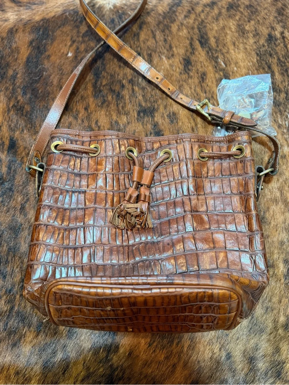 Vintage Dooney & Bourke Croc Embossed Brown Leather Drawstring Bucket Bag USA